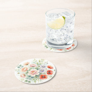Watercolor Cottage Garden Wildflower Bouquet Round Paper Coaster