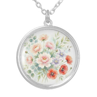 Watercolor Cottage Garden Wildflower Bouquet Silver Plated Necklace