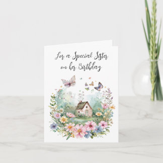 Watercolor Cottage in a Floral Wreath for Sister Card