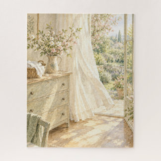 Watercolor Cottage Window Spring Garden Jigsaw Puzzle