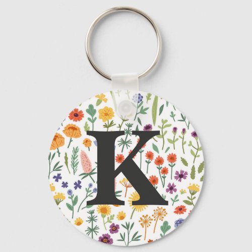 Watercolor Cottagecore Girly Flowers Monogrammed Keychain