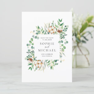 Watercolor Cotton and Eucalyptus Leaves Greenery Save The Date
