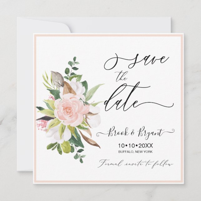 Watercolor Cotton Blush Roses Save the Date Invitation (Front)