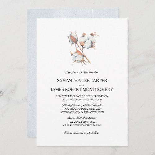 Watercolor Cotton Boll Plant   Wedding Invitation