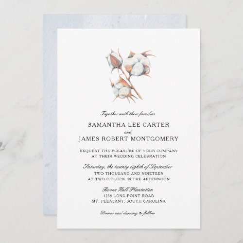 Watercolor Cotton Boll Plant   Wedding Invitation