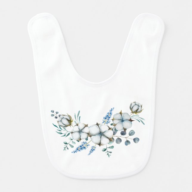 Watercolor Cotton Flowers and Eucalyptus Baby Bib (Front)