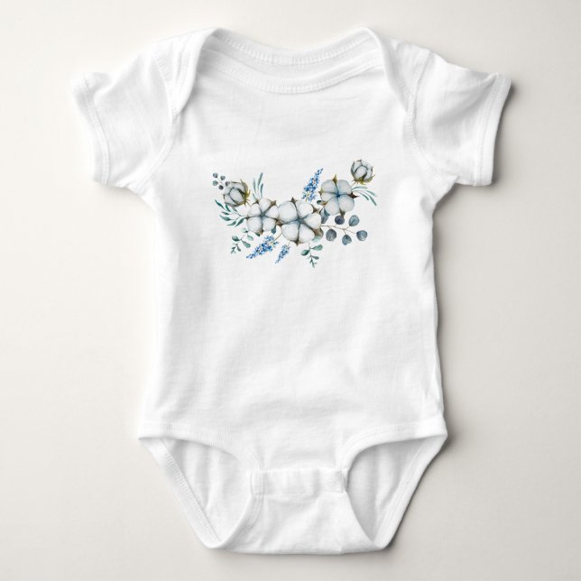 Watercolor Cotton Flowers and Eucalyptus Baby Bodysuit (Front)