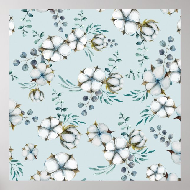 Watercolor Cotton Flowers and Eucalyptus Poster (Front)
