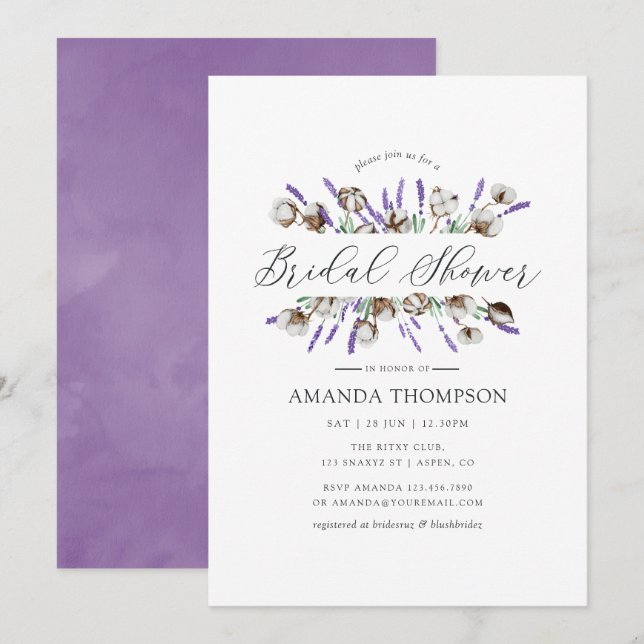 Watercolor Cotton Lavender Country Bridal Shower Invitation (Front/Back)