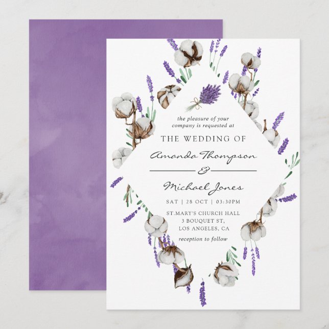 Watercolor Cotton Lavender Country Wedding Invitation (Front/Back)