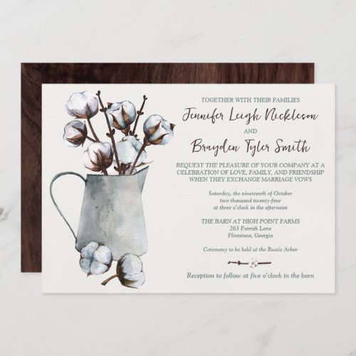 Watercolor Cotton Stems in Gray Pitcher Wedding Invitation