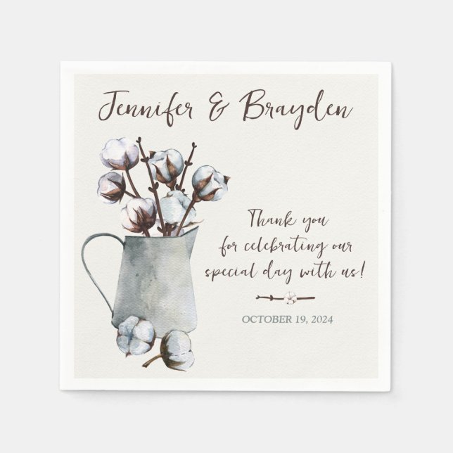 Watercolor Cotton Stems in Gray Pitcher Wedding Napkins (Front)
