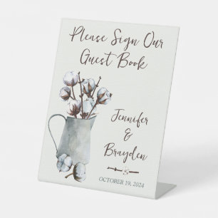 Watercolor Cotton Stems in Gray Pitcher Wedding Pedestal Sign