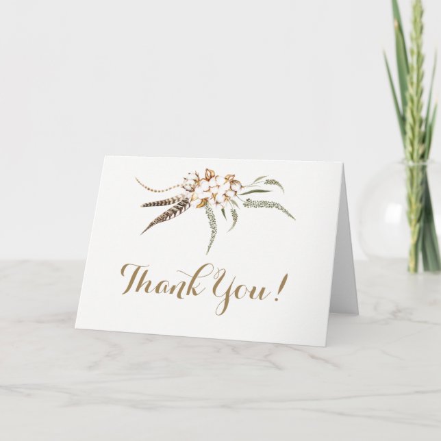 Watercolor Cotton Wreath Feather Wedding Thank You (Front)