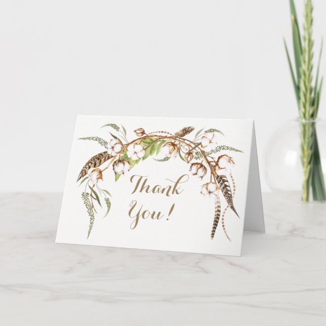 Watercolor Cotton Wreath Feather Wedding Thank You Card (Front)
