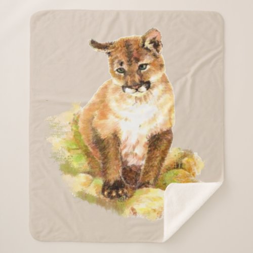 Watercolor Cougar Kitten Mountain Lion Wildlife  Sherpa Blanket