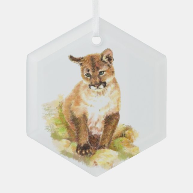 Watercolor Cougar Kitten Wildlife Animal Art Glass Ornament (Front)