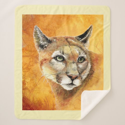 Watercolor Cougar Mountain Lion Cat Wildlife Sherpa Blanket