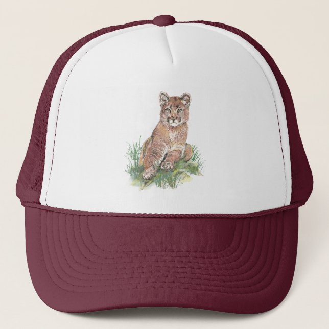 Watercolor Cougar Mountain Lion Wildlife Nature  Trucker Hat (Front)