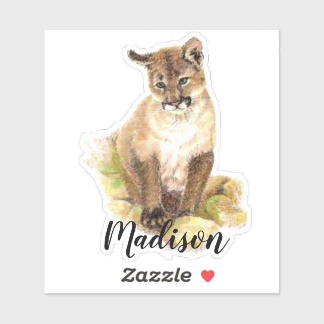 Watercolor Cougar, Puma Cub Animal  Custom Name Sticker (Sheet)