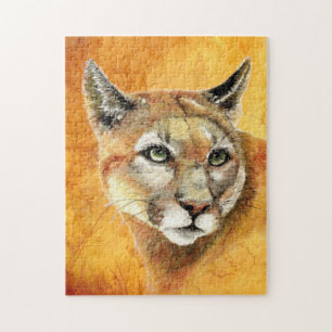Watercolor Cougar, Puma, Mountain Lion Animal Cat Jigsaw Puzzle