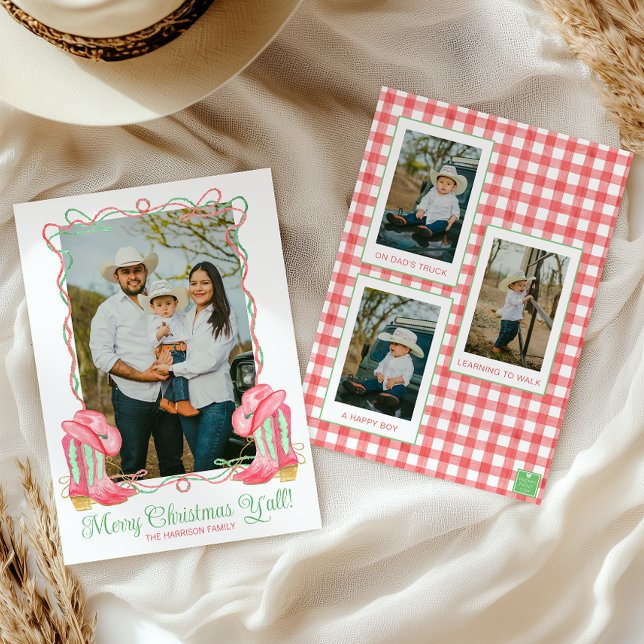 Watercolor Country Christmas Cowboy Boots Photo Holiday Card (Creator Uploaded)