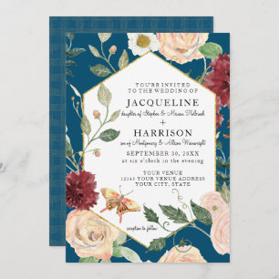 Watercolor Country Floral Coral Rose Butterfly Invitation