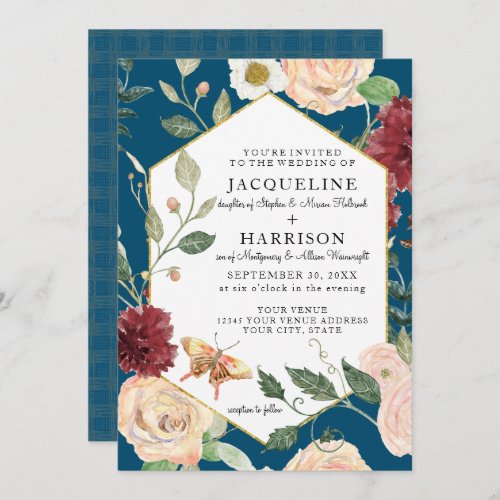 Watercolor Country Floral Coral Rose Butterfly Invitation