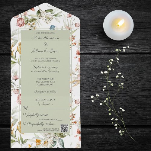 Watercolor Country Floral on Sage with QR Code  All In One Invitation