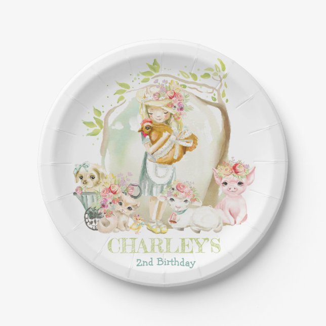 Watercolor Country Girl Farm Animal Birthday Party Paper Plates (Front)