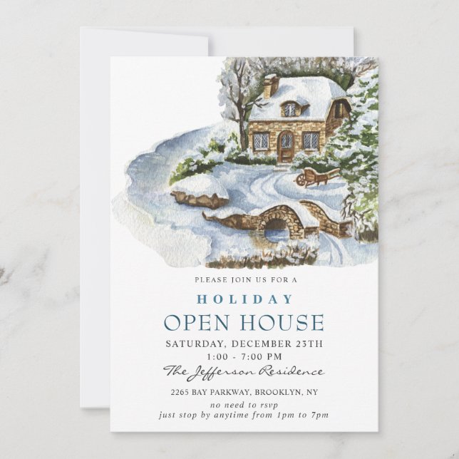 Watercolor Country Holiday Christmas Open House Invitation (Front)
