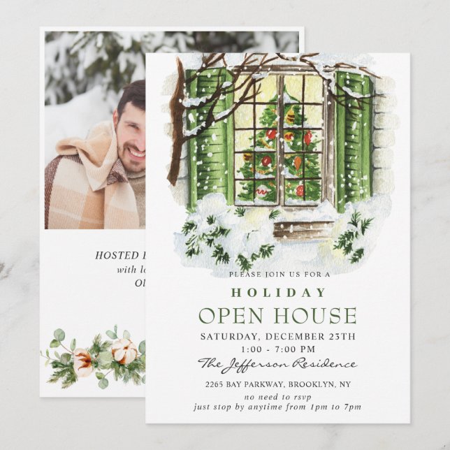 Watercolor Country Holiday Christmas Open House Invitation (Front/Back)