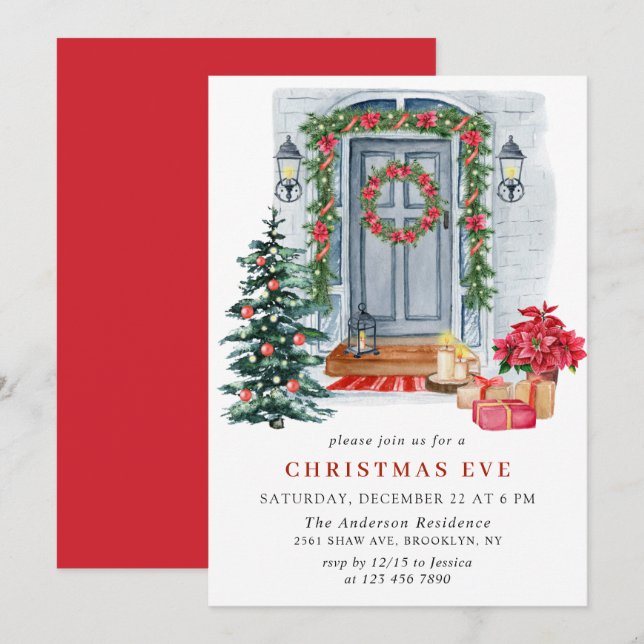 Watercolor Country Holiday House Christmas EVE Invitation (Front/Back)