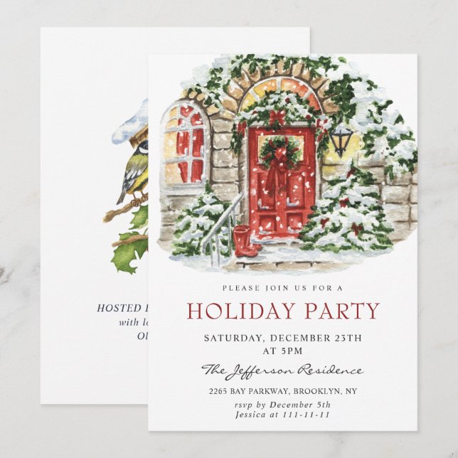 Watercolor Country Holiday House Christmas Party Invitation (Front/Back)