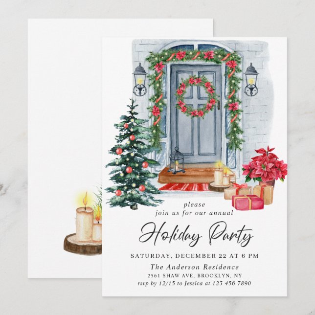 Watercolor Country Holiday House Christmas Party Invitation (Front/Back)