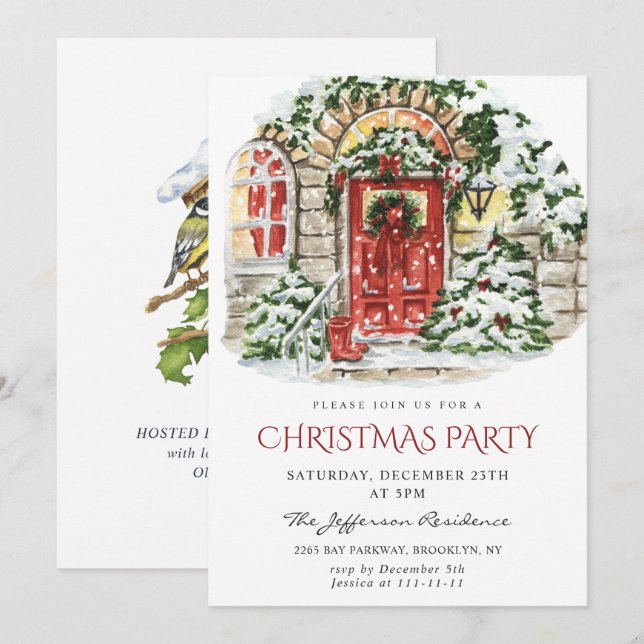 Watercolor Country Holiday House Christmas Party Invitation (Front/Back)