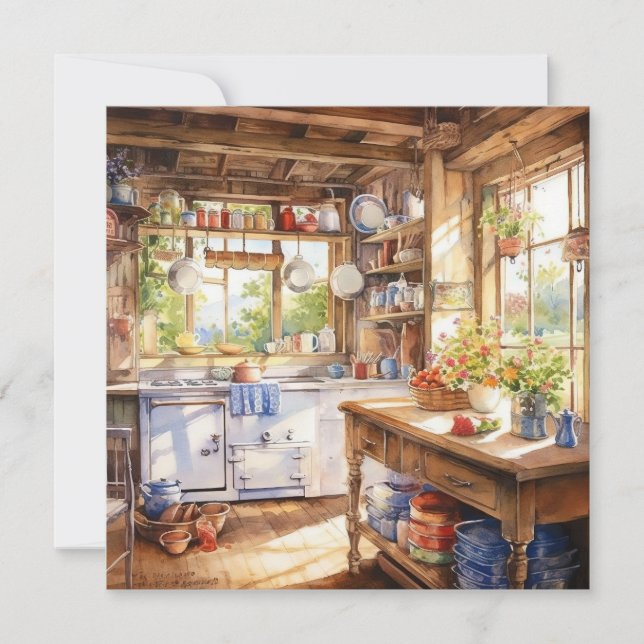 Watercolor Country Kitchen Background Note Card (Front)