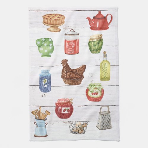 Watercolor Country Kitchen Farmhouse Pattern Kitchen Towel