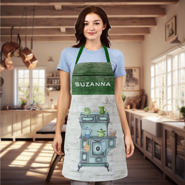 Watercolor Country Kitchen Green Personalized name Apron (Creator Uploaded)
