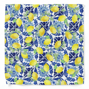 Watercolor Country Lemons & Blue Floral Tiles Bandana