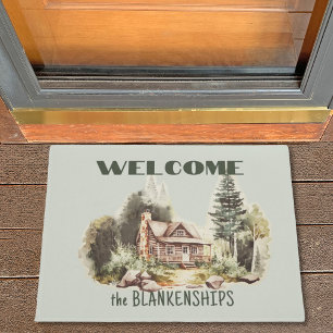 Watercolor Country Log Cabin Scenery Custom Doormat