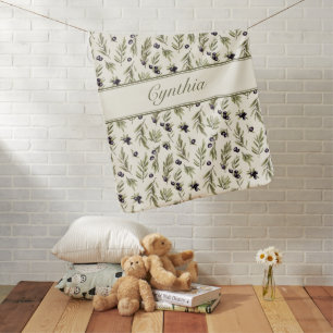 Watercolor Country Olive Pattern Monogram Name Baby Blanket
