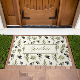 Watercolor Country Olive Pattern Monogram Name Doormat