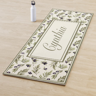 Watercolor Country Olive Pattern Monogram Name Yoga Mat