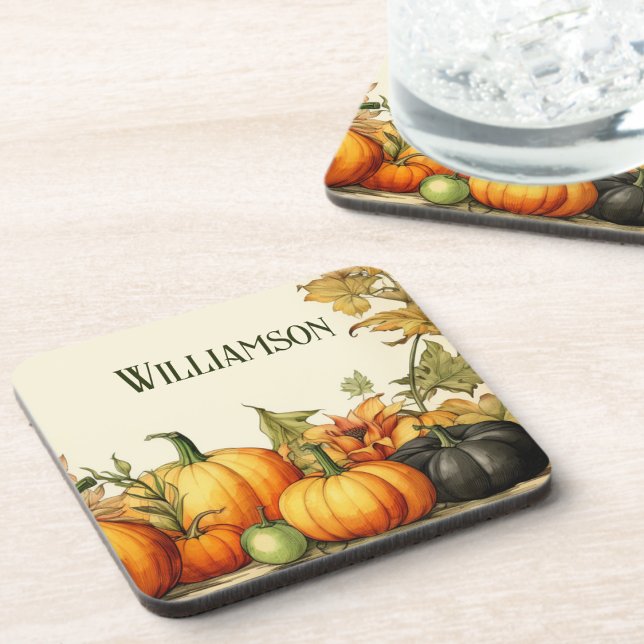 Watercolor Country Pumpkin Patch Monogram Beverage Coaster (Creator Uploaded)