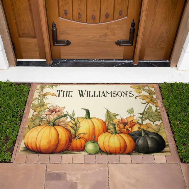 Watercolor Country Pumpkin Patch Monogram Doormat (Outdoor)