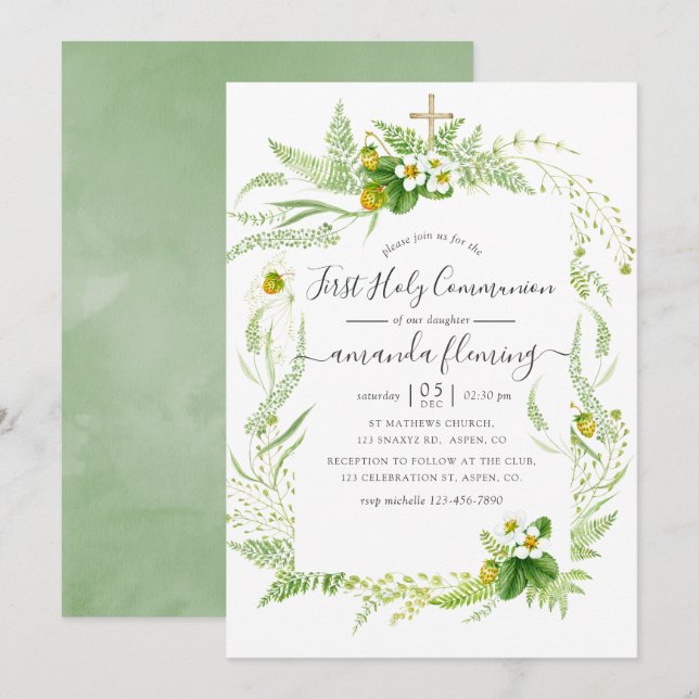Watercolor Country Rustic Greenery Holy Communion Invitation (Front/Back)