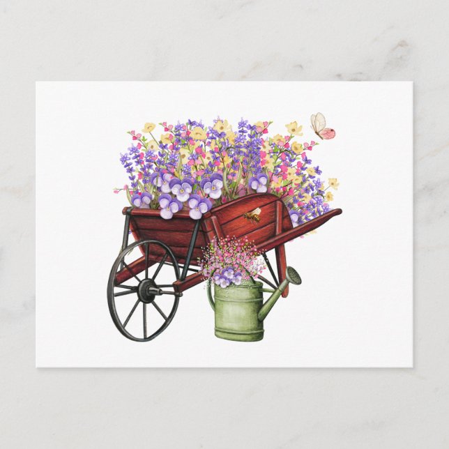 Watercolor Country Wagon, Watering Can & Flowers Postcard (Front)