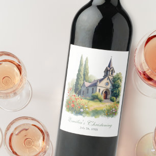 Watercolor Countryside Church Baptism Christening Wine Label