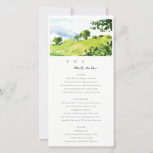 Watercolor Countryside Hills Wedding Menu Card